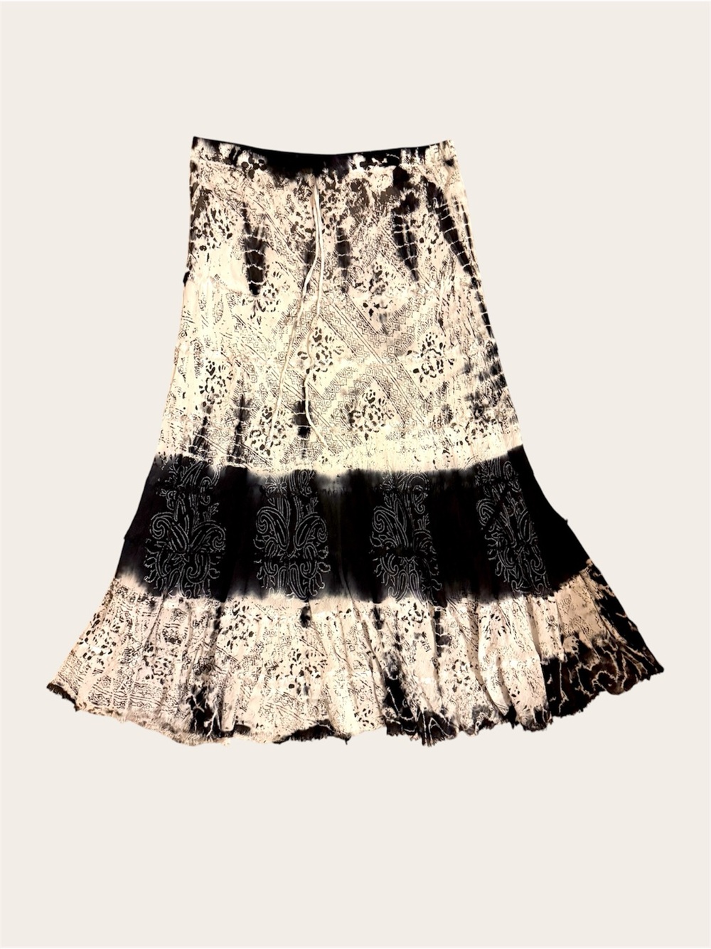Black and White Tie-Dye Maxi Skirt with Patterned Border
